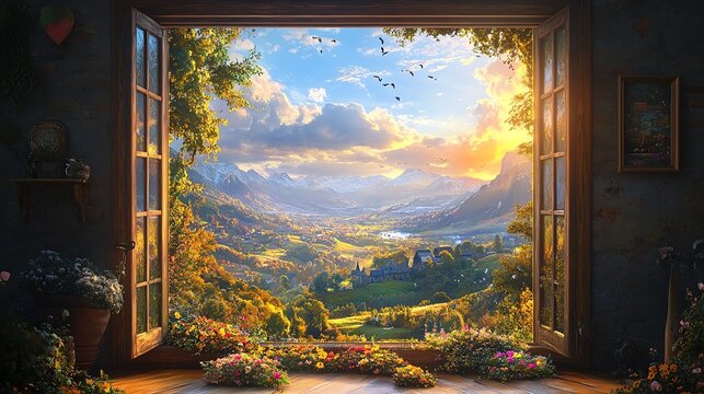 A dream window revealing a picturesque landscape of pure happiness, filled with vibrant colors and joyful ambiance.