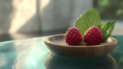 Two red raspberries on a wooden plate with a leaf