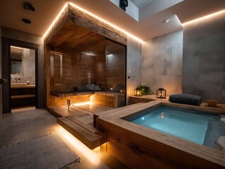 Luxurious modern spa with wooden sauna and jacuzzi