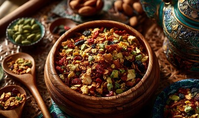 Fototapeta premium Overhead view of a wooden bowl with colorful granola mix on a rustic table