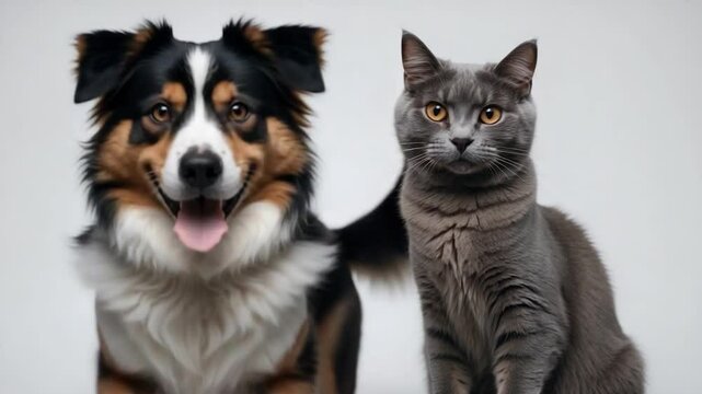 Portrait of a happy dog and cat side by side, looking at the camera, with a white backdrop.