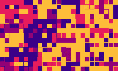 Abstract pixel art background. Vibrant purple, pink, and yellow squares create a dynamic, energetic design.  Perfect for tech, gaming, or modern presentations.