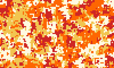 Abstract pixelated camouflage pattern in fiery orange, red, and white.  Perfect for backgrounds, textiles, or digital designs needing a bold, energetic aesthetic.