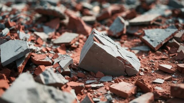 Detailed Perspective of Damaged Red Brick Texture Backdrop, Fractured Clay Brick Parts, Coarse Surface, Building Rubble, Vintage Fragments, Aged Material, Disintegrated Rock, Industrial