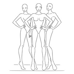 Fashion croquis template featuring three female models posing in a stylish group composition. Perfect for fashion designers and illustrators to create clothing designs, fashion collections.