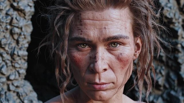 Primitive female survivor standing near rocky cave entrance and looking at camera