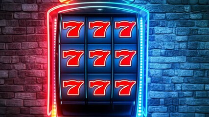 Neon slot machine with 7's on brick wall