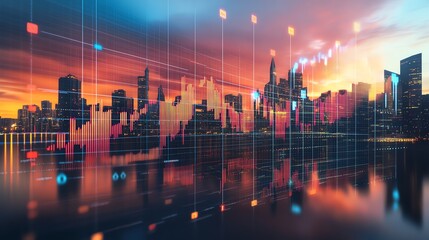 Analyzing Market Trends Data Visualization Over Cityscape Skyline at Sunset