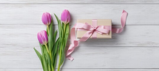 Fototapeta premium Tulip flowers with a pink ribbon and a gift box on a white wooden background