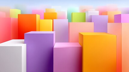 Obraz premium Colorful array of cubes in various shades of pink, purple, and yellow. The cubes are arranged in a way that creates a sense of depth and dimension. The image conveys a feeling of creativity