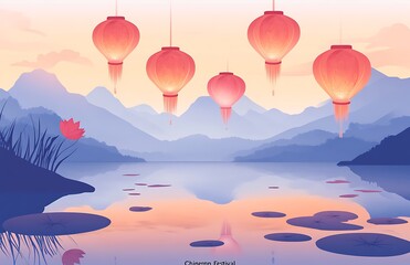 Chinese traditional festival, Lantern Festival flat illustration with a simple background and blank space