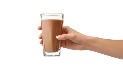 Fototapeta premium Delicious Chocolate Milk in Hand Holding Glass Isolated on White Background