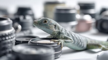 Curious lizard exploring camera lenses on a table