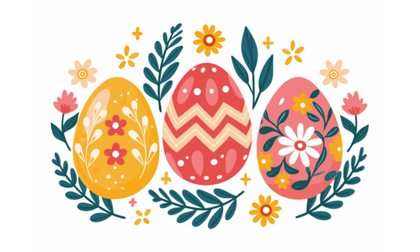 Colorful spring eggs with floral designs, a happy Easter celebration.