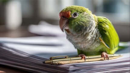 Green parrot perched on stack of papers with a pen in sunlit office setting