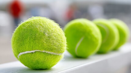 Tennis ball is sitting on a white surface with three other tennis balls in the background. Concept of sportsmanship and competition, as well as the importance of practice