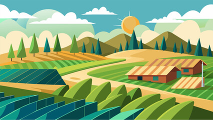 Obraz premium A sprawling farmland is shown with eVTOLs powered by advanced biofuels made from sustainable crops grown on the land.. Vector illustration