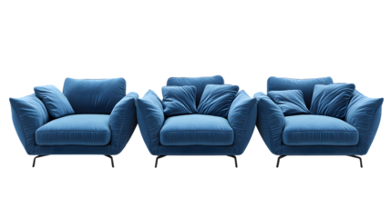 Modern Set of 3 Blue Sofas on White Background for Interior Design Projects