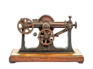 Obraz premium Antique corn husker with wooden base and metal gears, patina on metal parts, white background