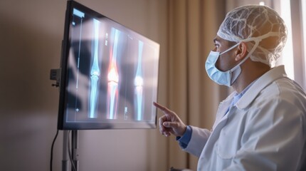 Medical doctor analyzing knee x-rays on screen