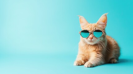 Ginger cat rocking zebra-pattern sunglasses on a vibrant blue background, perfect for fun pet campaigns, quirky social media posts, and eye-catching creative promotions