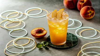 Chilled Peach Drink Surrounded by Glowing Transparent Rings
