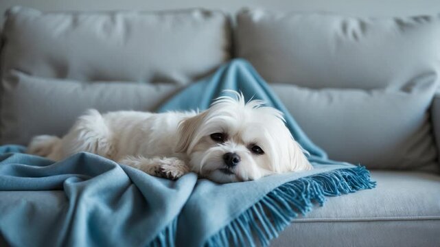 Charming Maltese dog sleeping on the couch at home.