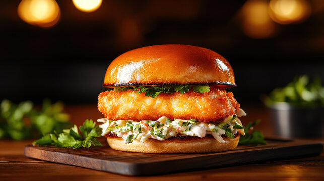Crispy fish sandwich with fresh toppings and glossy bun, perfect for fast food lovers