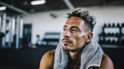 Young caucasian male with towel relaxing in gym after intense workout