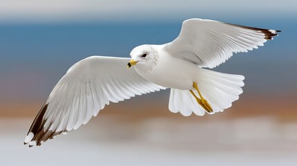 White seagull is flying in the sky. The bird has a yellow beak and yellow legs. The sky is blue and the bird is the main focus of the image