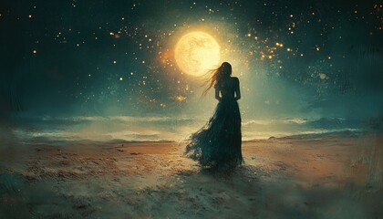 Captivating Photography: Astrology And Women'S Magic - Stunning Woman Embracing The Moon On A Night Beach With Sand And Stars