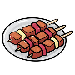 skewered meat with onions arranged on a white plate