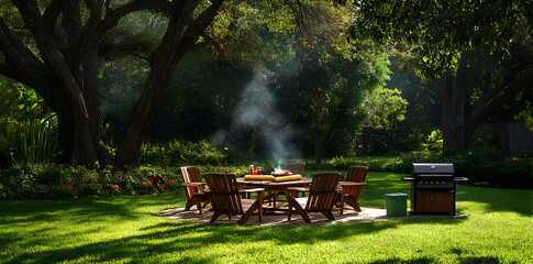 Outdoor Dining Setup With Wooden Table And Grilling Station Surrounded By Lush Greenery