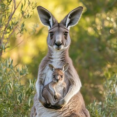 Fototapeta premium Cute mother kangaroo with baby sitting calmly in the wilderness