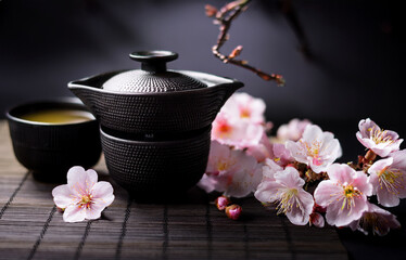 Japanisches Teezeremonie, mit Kirschblüten, Tetsubin und Gaiwan