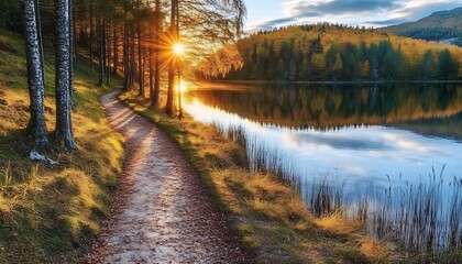 Obraz premium Autumn Trail by Reflective Lake with Colorful Foliage ,