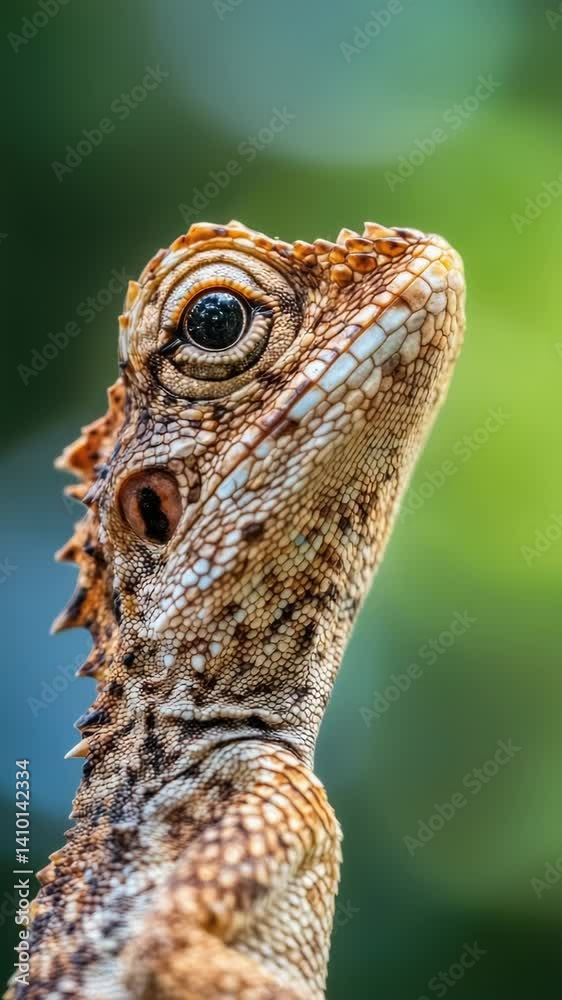 Poster close-up shot of a lizard's head with blurred background.