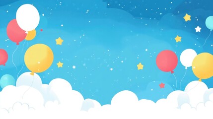 Colorful balloons floating above clouds at night