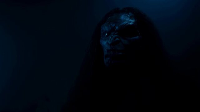 Creepy ghost emerges with horror and jumpscare in dark nightmare scene