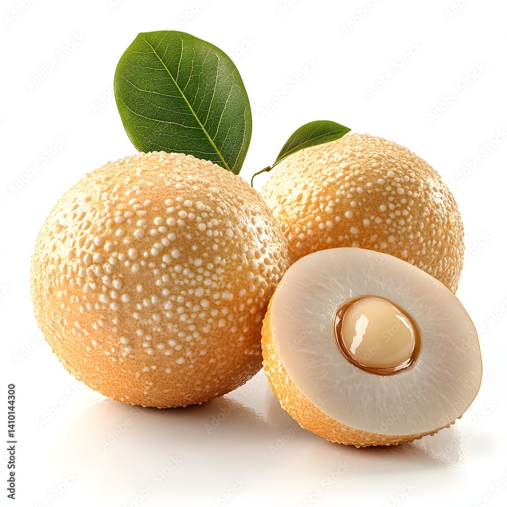 Poster Close-up of two longans, one sliced open. The translucent flesh is visible. Green leaves add to the scene. Close-up of Two Juicy Longans with One Cut Open Revealing its Sweet,