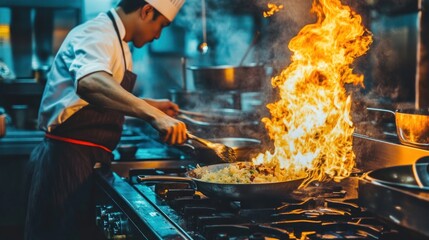 Chef Cooking with Flames in a Busy Kitchen Scene