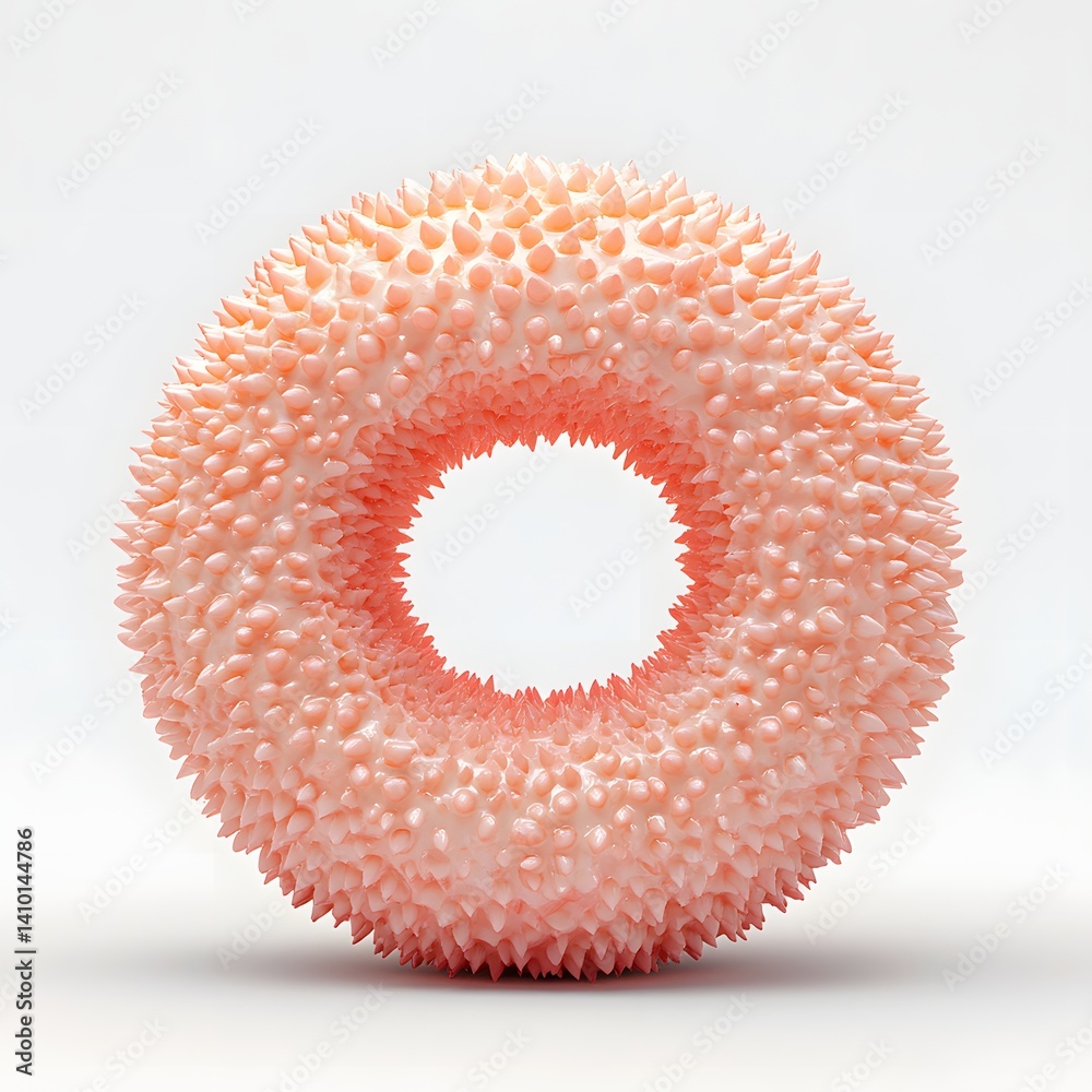 Poster a digital rendering of a spiky pink donut sculpture. the focus is on its unique texture and abstract