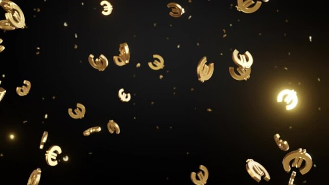 3D golden Euro symbols falling on a black background, representing European currency, financial transactions, investment, or economic trends.