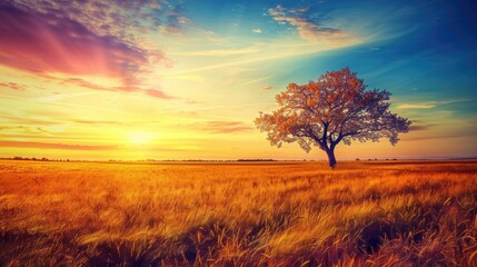 Fototapeta premium a lonely tree in the middle of a vast serene field at dusk [+ your colors]