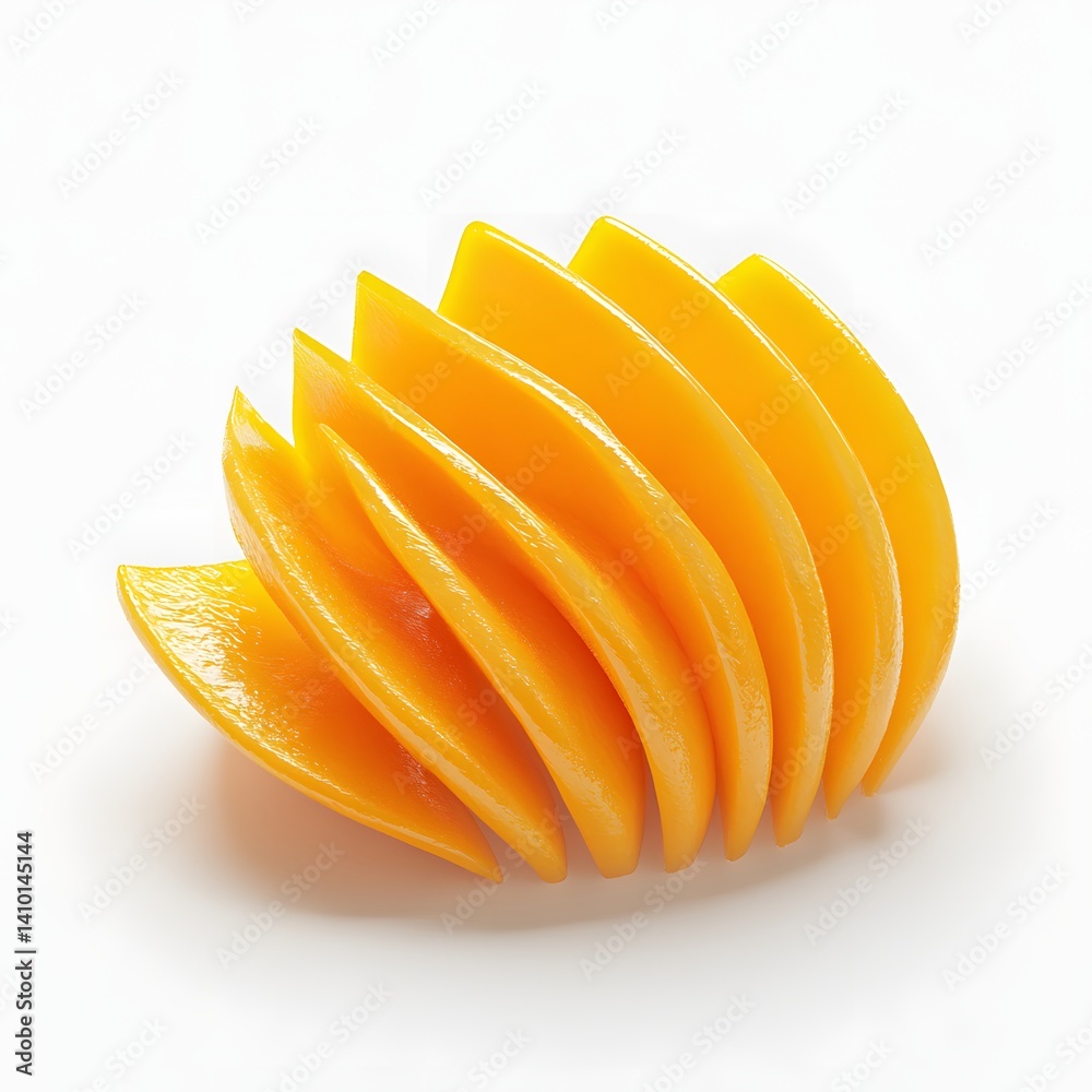 Aufkleber close-up of vibrant yellow mango slices arranged in a captivating spiral on a pristine white backgro
