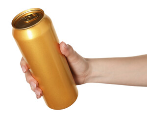 Woman with tin can on white background, closeup