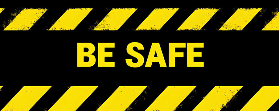 A bold reminder to prioritize safety in various environments. Yellow and black warning stripes emphasize the message 'Be Safe,' creating awareness and caution.