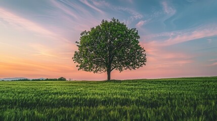 Fototapeta premium a lonely tree in the middle of a vast serene field at dusk [+ your colors]
