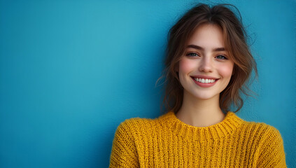 Fototapeta premium A cheerful young woman with a bright smile. She wears a cozy yellow sweater against a vibrant blue background, exuding warmth and positivity.