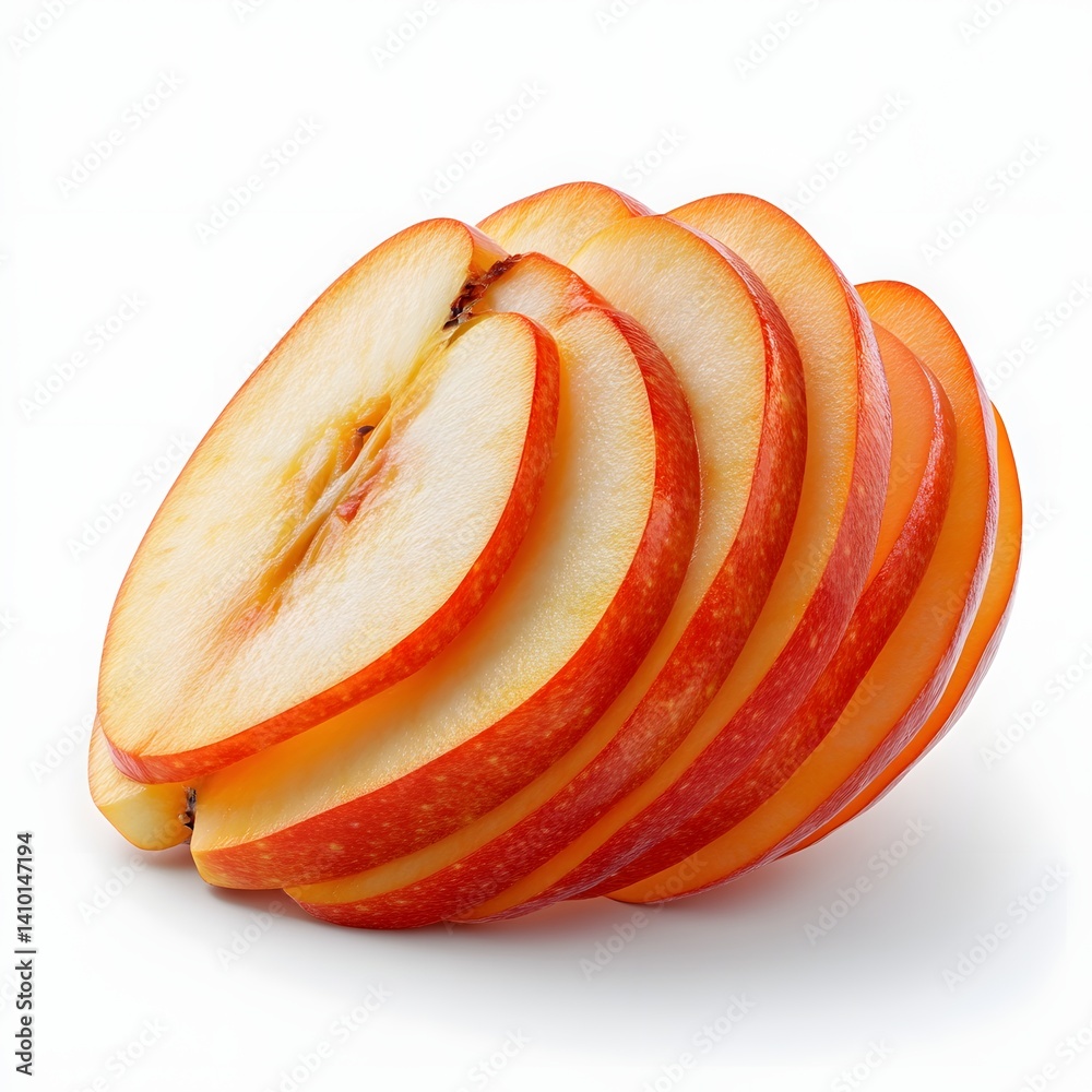 Poster close-up of several red apple slices arranged neatly against a white background. isolated on a white